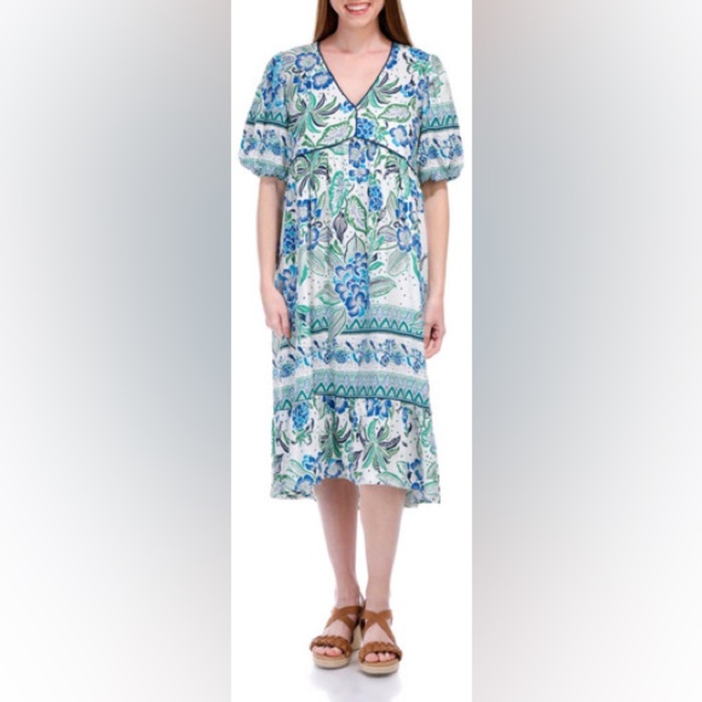 Figueroa & Flower Short Sleeve‎ Floral Midi Dress white blue size small
